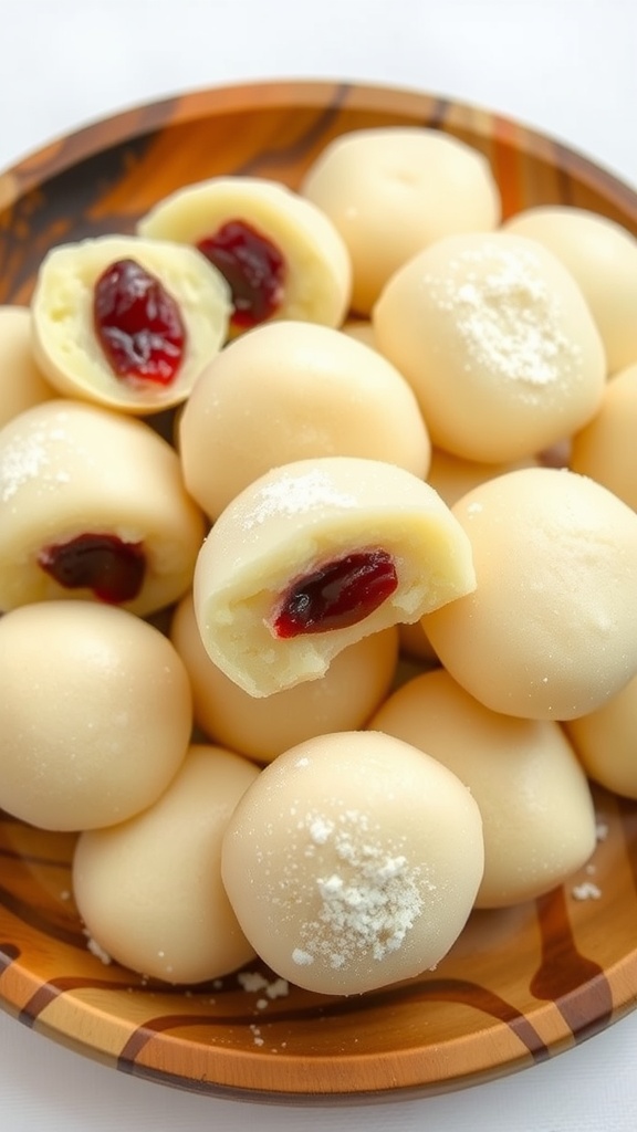 A plate of chewy potato mochi dusted with cornstarch, with some pieces filled with red bean paste.